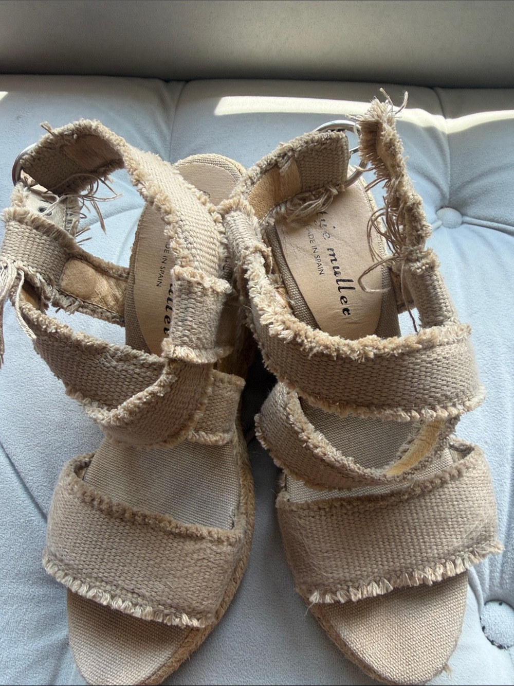bettye muller Beige Frayed Canvas Wedge Sandals